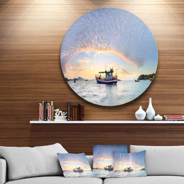 Fishing Boat at Phuket Sunrise Beach - Sea & Shore Metal Circle Wall Art